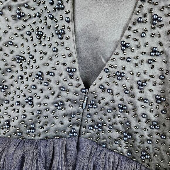 Navy Blue Halter Sleeveless Satin Beaded & Tulle Mini Dress M? Keyhole Back - Picture 7 of 9